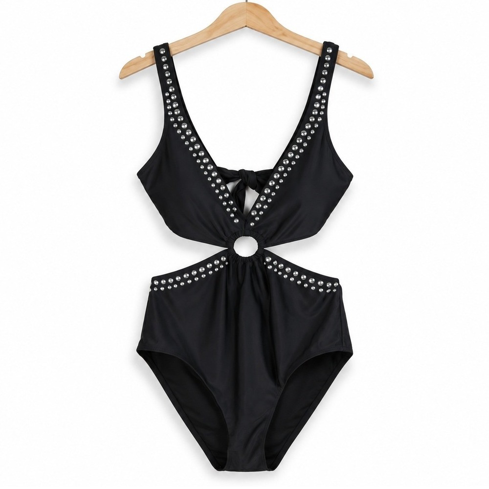 Bar III Studded One Piece Swimsuit Womens Small Black Cutout Monokini Swimwear
